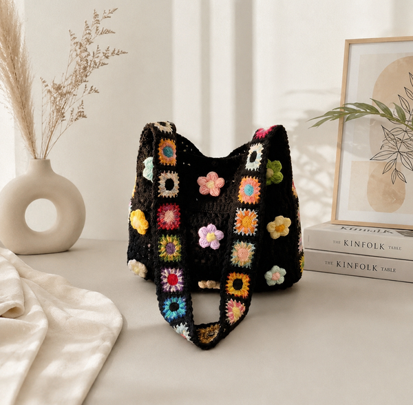 Floral Appliques Crochet Tote Bag Hollow Out Knit Shoulder Handbags