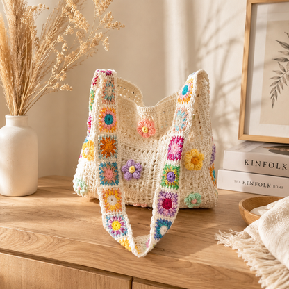 Floral Appliques Crochet Tote Bag Hollow Out Knit Shoulder Handbags
