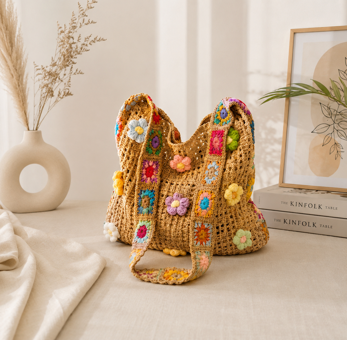 Floral Appliques Crochet Tote Bag Hollow Out Knit Shoulder Handbags