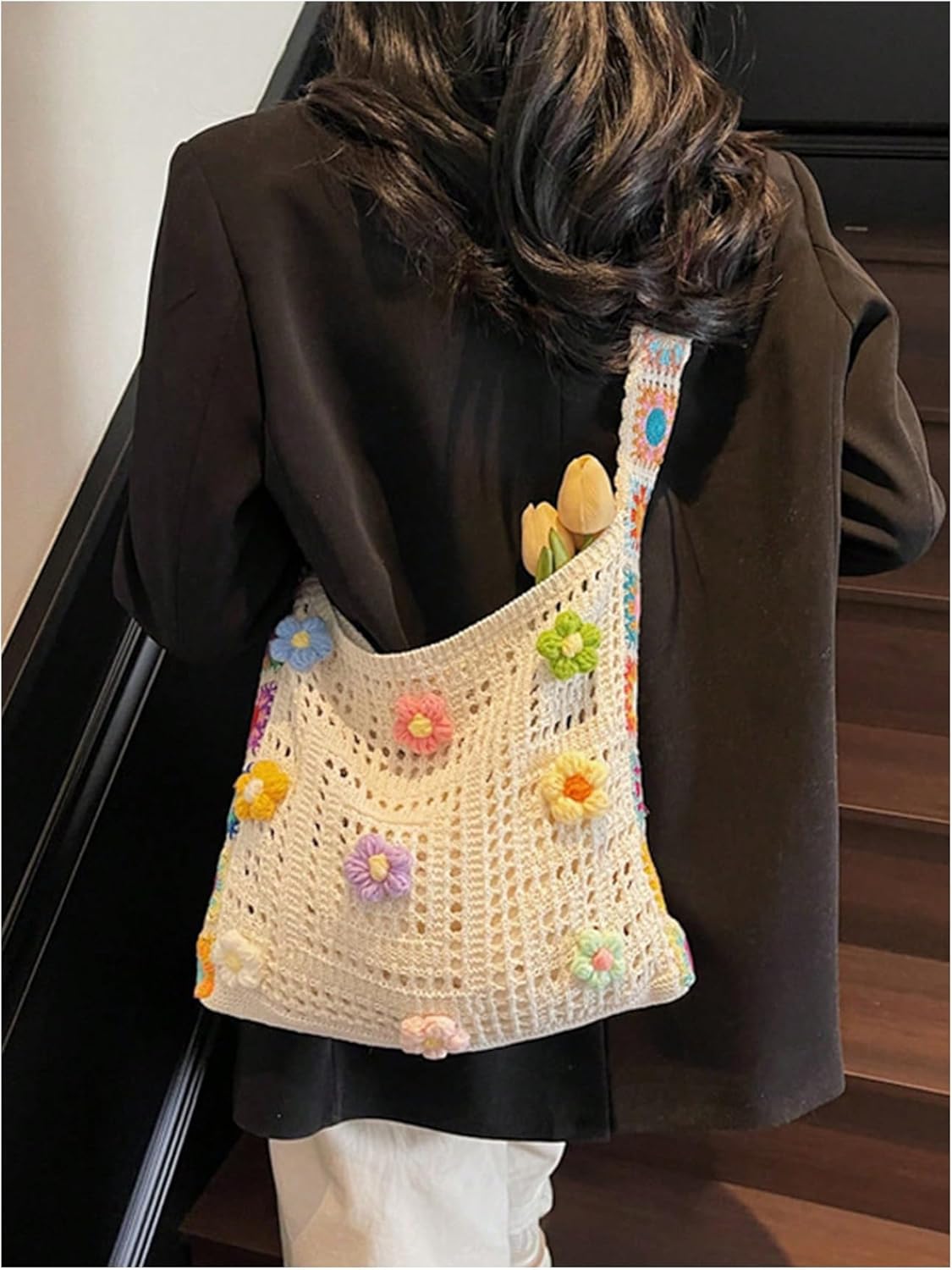 Floral Appliques Crochet Tote Bag Hollow Out Knit Shoulder Handbags