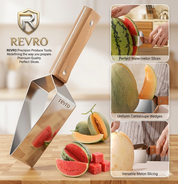 Triangle Watermelon Cutter, Stainless Steel with Wooden Handle - Melon Slicer, Fruit Cutter for Kitchen Gadgets