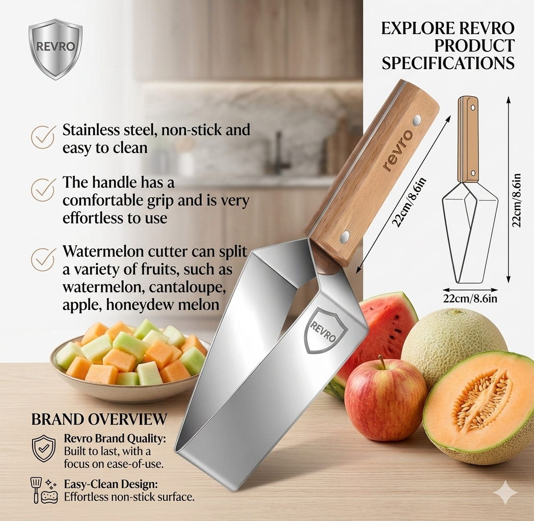 Triangle Watermelon Cutter, Stainless Steel with Wooden Handle - Melon Slicer, Fruit Cutter for Kitchen Gadgets