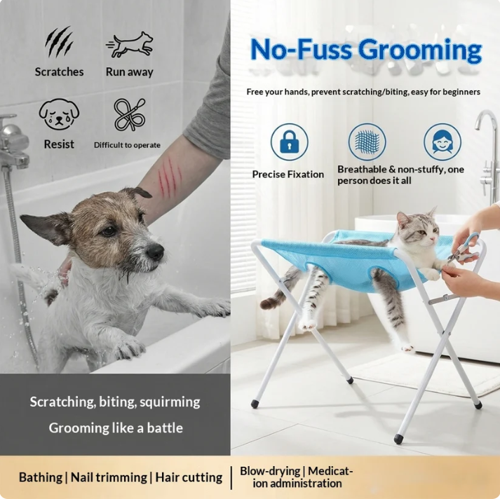 Pet Grooming Hammock Stand, Foldable Breathable Mesh Bath Rack for Cats & Small Dogs, Anti-Escape, Easy to Clean