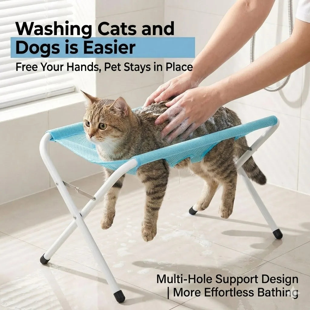 Pet Grooming Hammock Stand, Foldable Breathable Mesh Bath Rack for Cats & Small Dogs, Anti-Escape, Easy to Clean