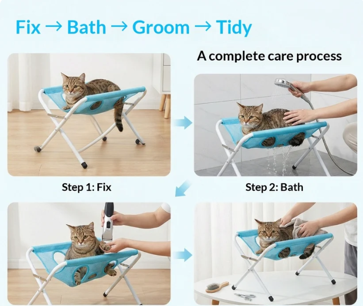 Pet Grooming Hammock Stand, Foldable Breathable Mesh Bath Rack for Cats & Small Dogs, Anti-Escape, Easy to Clean